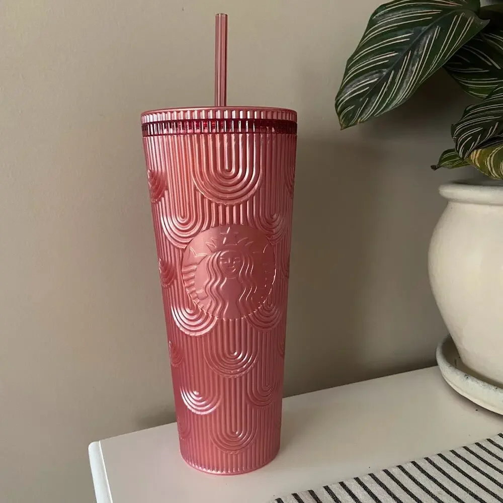 ❌SOLD❌Starbucks 2023 Fall Pink Shimmer Shell Mermaid Scales Cup Tumbler 24oz New - Picture 1 of 2